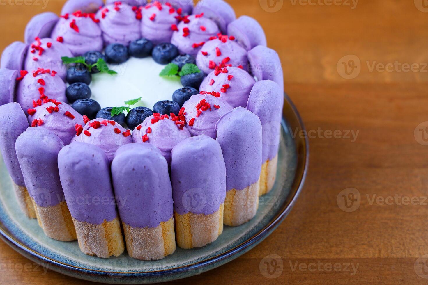 Blueberry Tiramisu Dessert with Cream and Glaze. photo