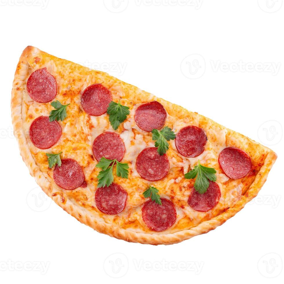 Savoring a Delicious Slice of Pepperoni Pizza, Garnished with Fresh Basil on Top photo