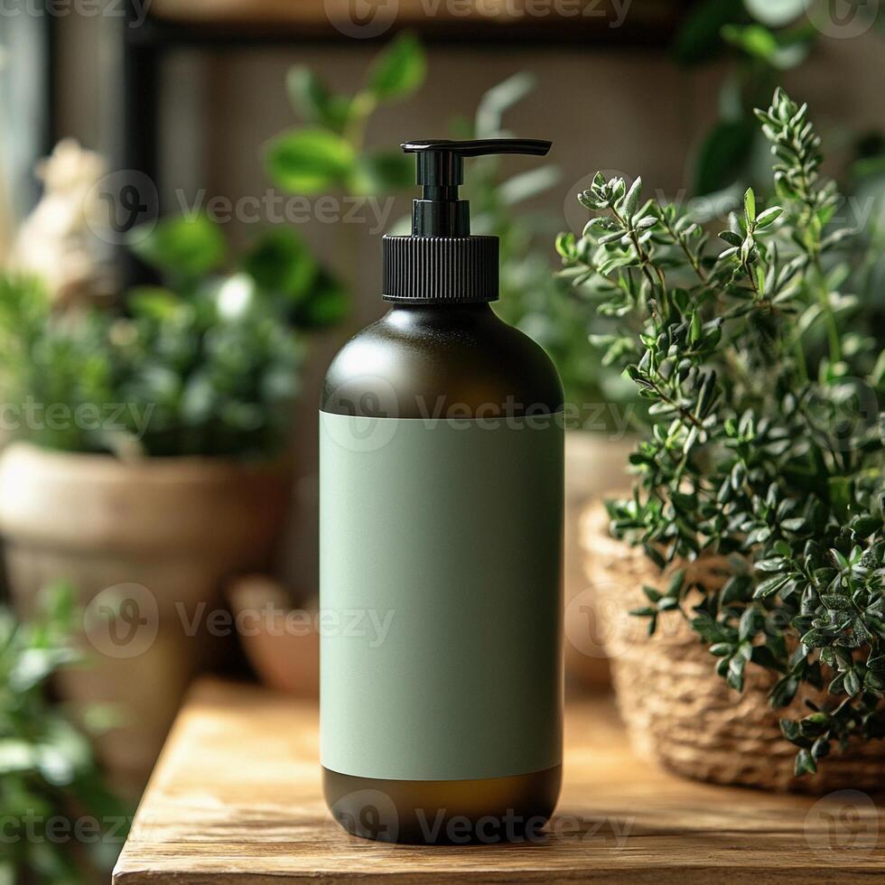 Brown Bottle with Green Blank Label Mockup for Shampoo or Soap or Conditioner , 0.5ml photo