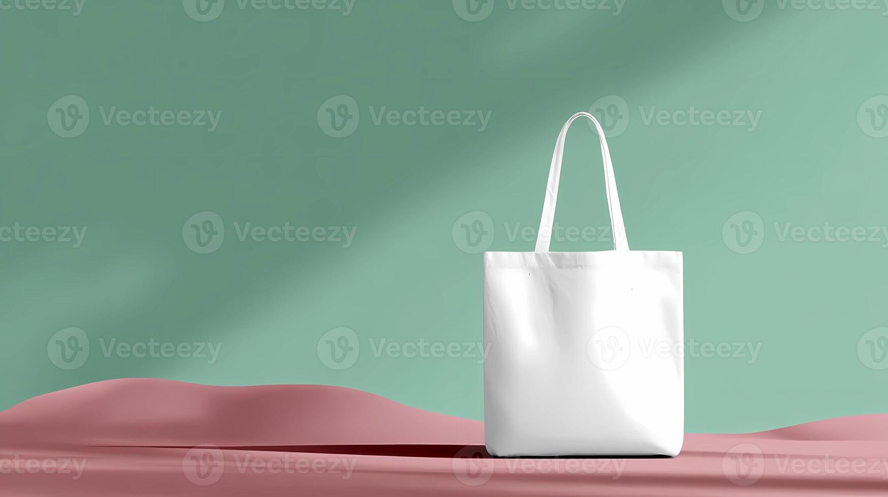 Minimalist White Shopper Bag on Green and Blush Pink Background - Clean Flat photo