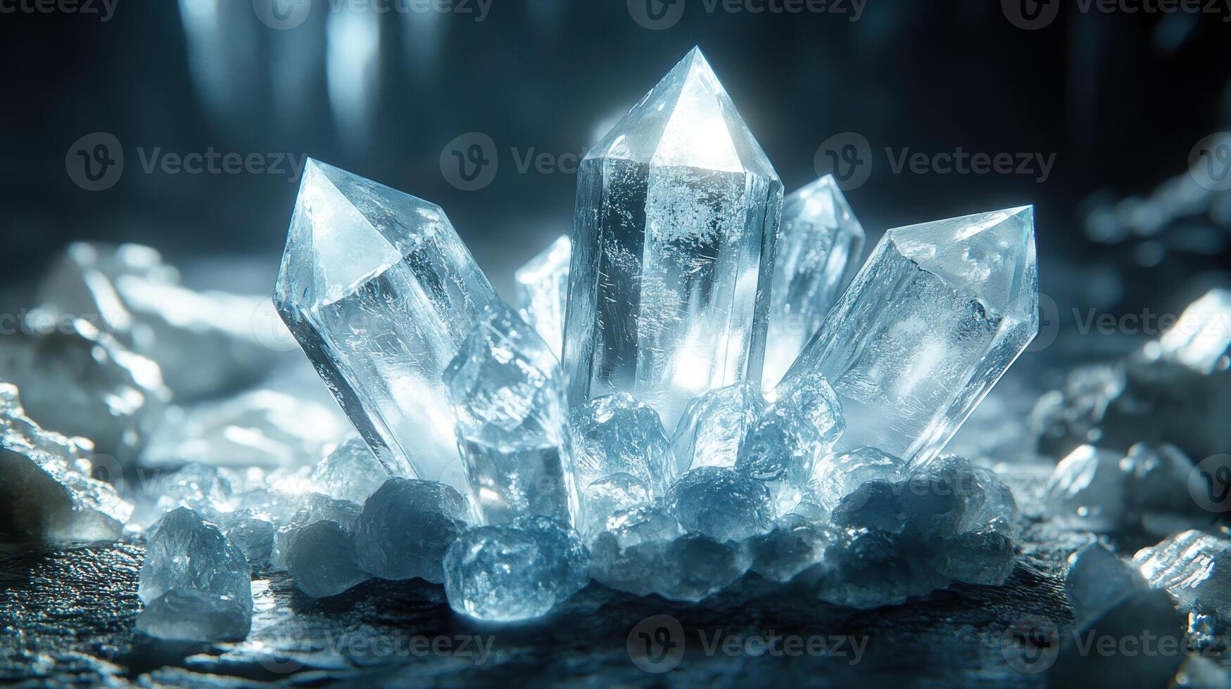 Sparkling quartz crystals cluster, dark cave background, fantasy scene, website design photo
