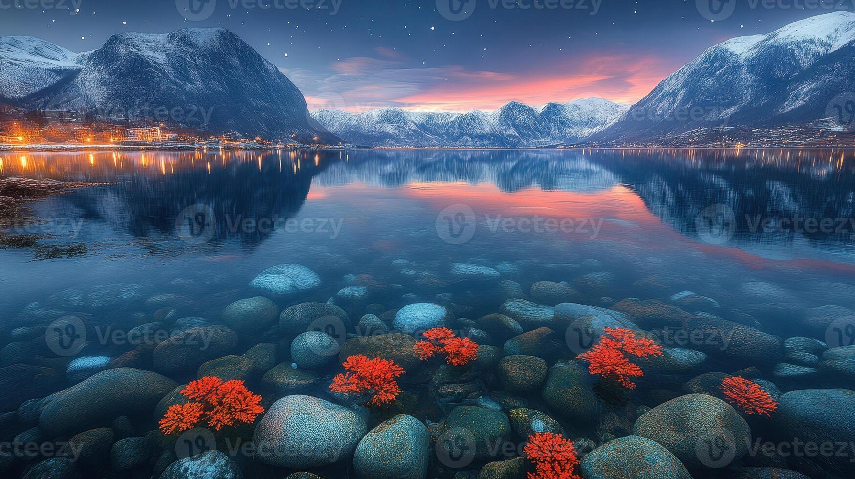 Fjord sunset, coastal town, clear water, winter photo