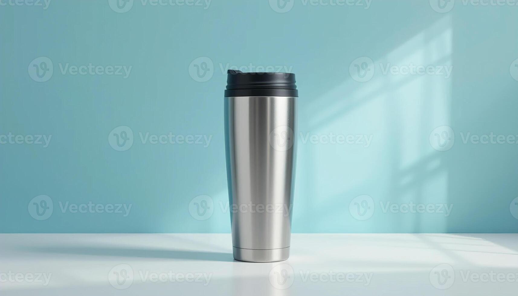A stainless steel tumbler with a black lid sits on a white surface against a blue wall photo