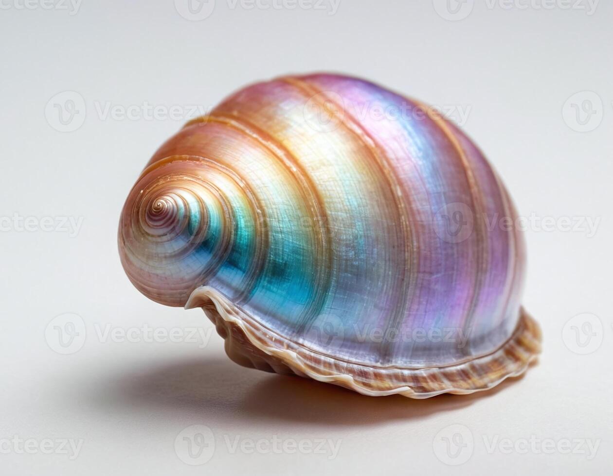 Elegant crystal shell with opalescent glow sculpted delicately against a clean white background, ideal for sophisticated presentations and high-end natural product visuals photo