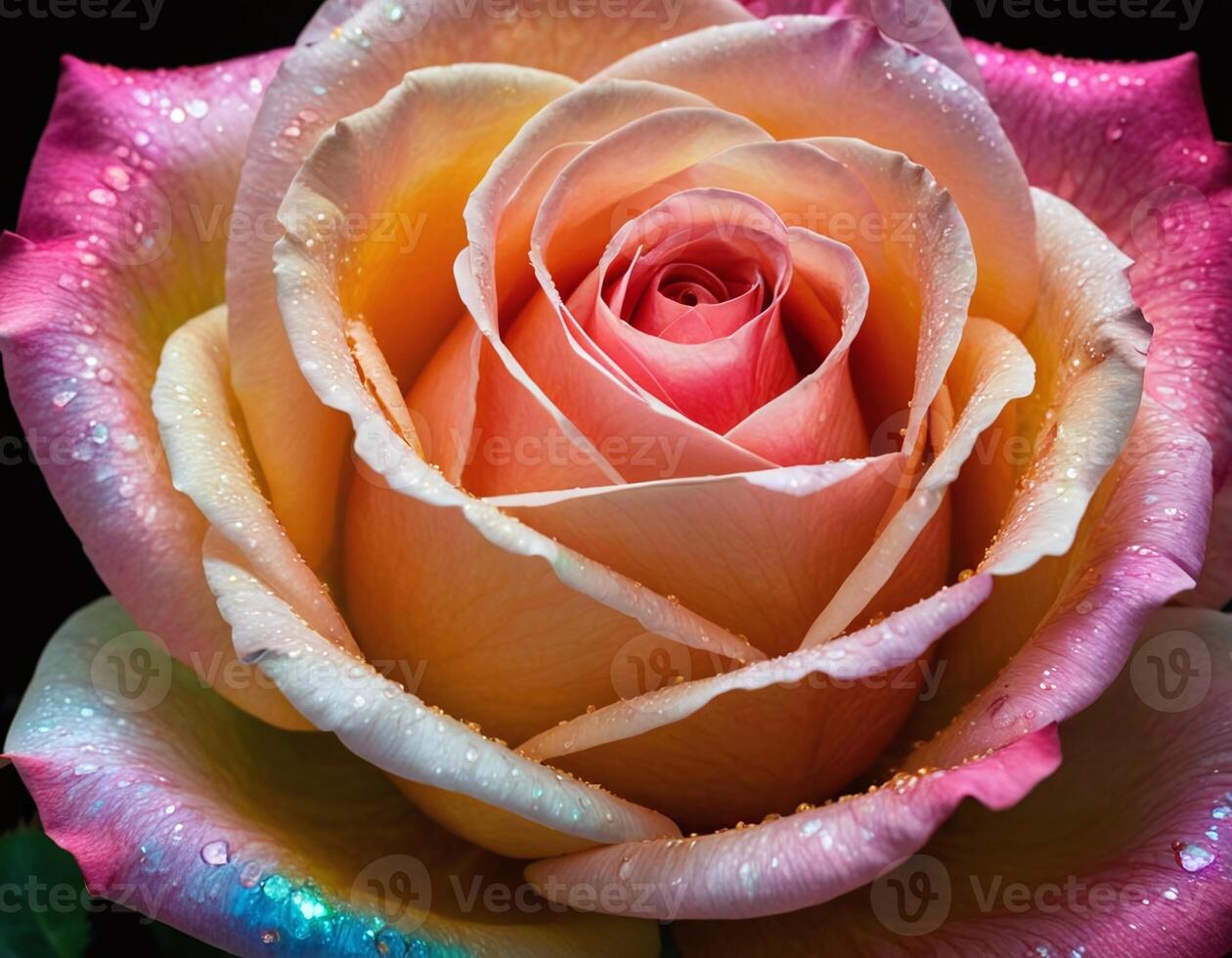 Surreal and luxurious iridescent rose glowing softly on a dark background, expertly lit in a studio setting to emphasize depth, color vibrancy, and elegant floral details photo