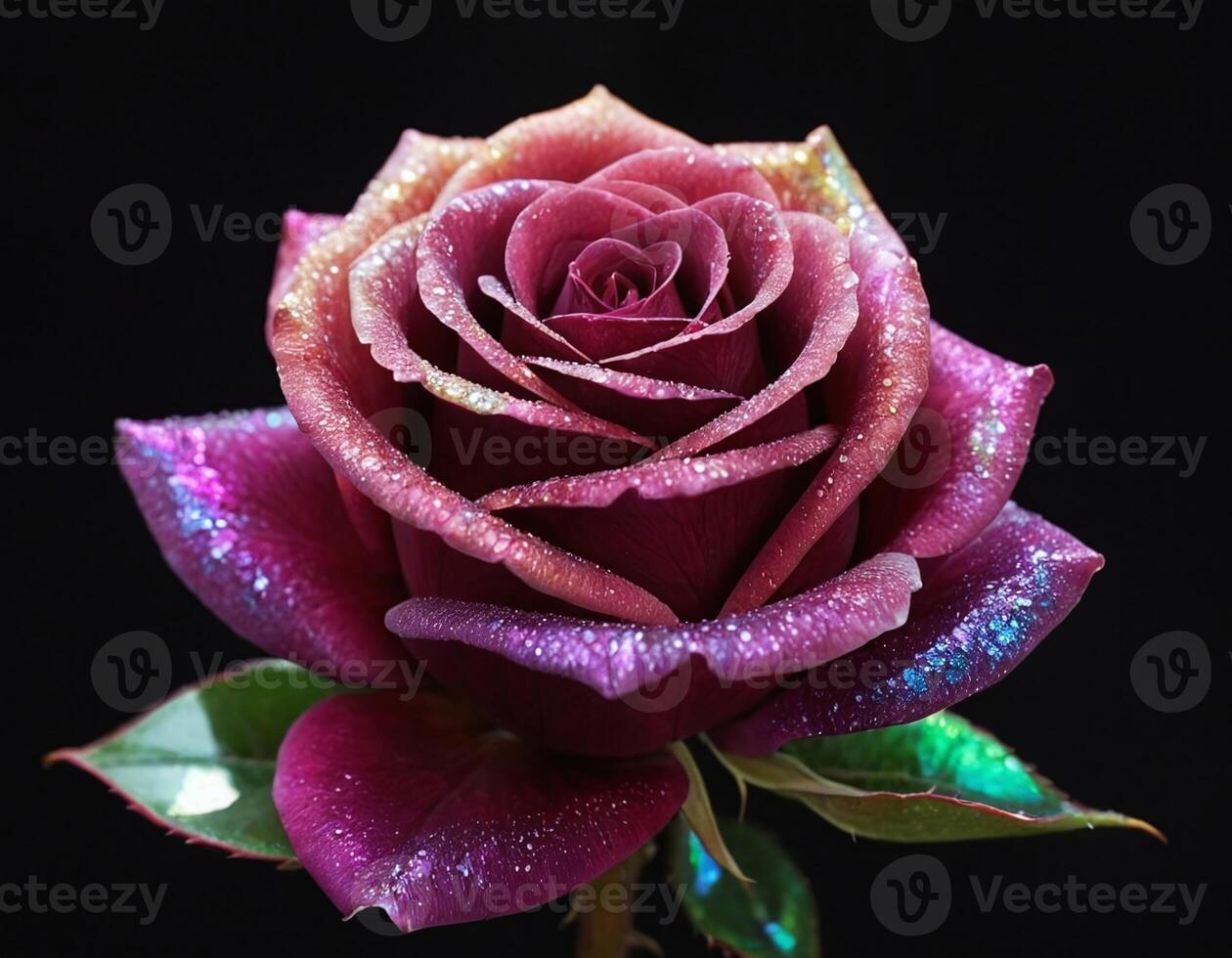Iridescent glowing surreal rose on dark background, enhanced with studio lighting for a luxury, ethereal floral image with deep color tones and captivating artistic appeal photo