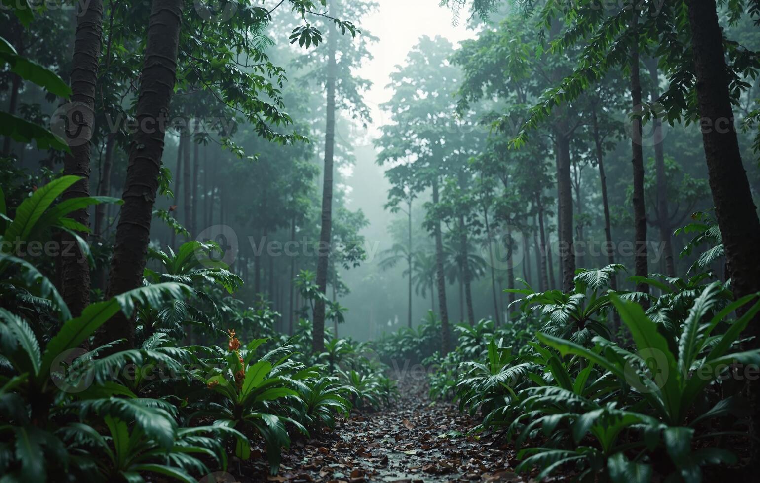 Misty tropical rainforest with dense vegetation and soft fog layers, providing a rich natural environment ideal for ecological, environmental, or wilderness project visuals photo