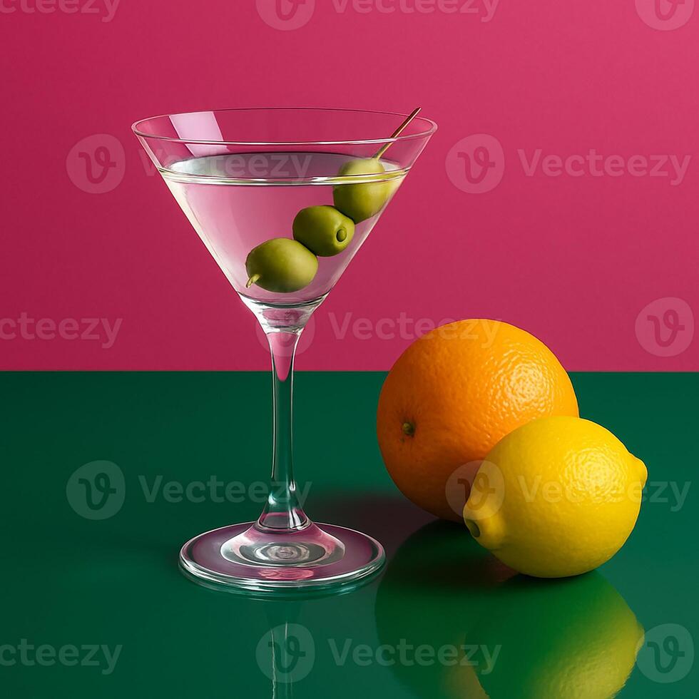 Martini with Olives and Citrus Fruits on Colorful Background photo