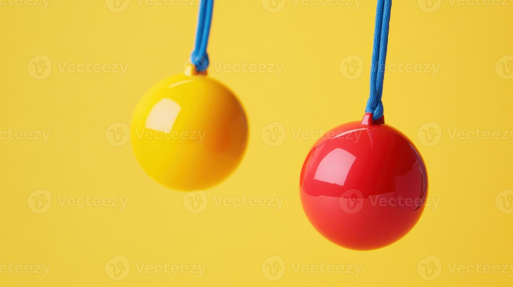 Two colorful balls hanging by strings photo