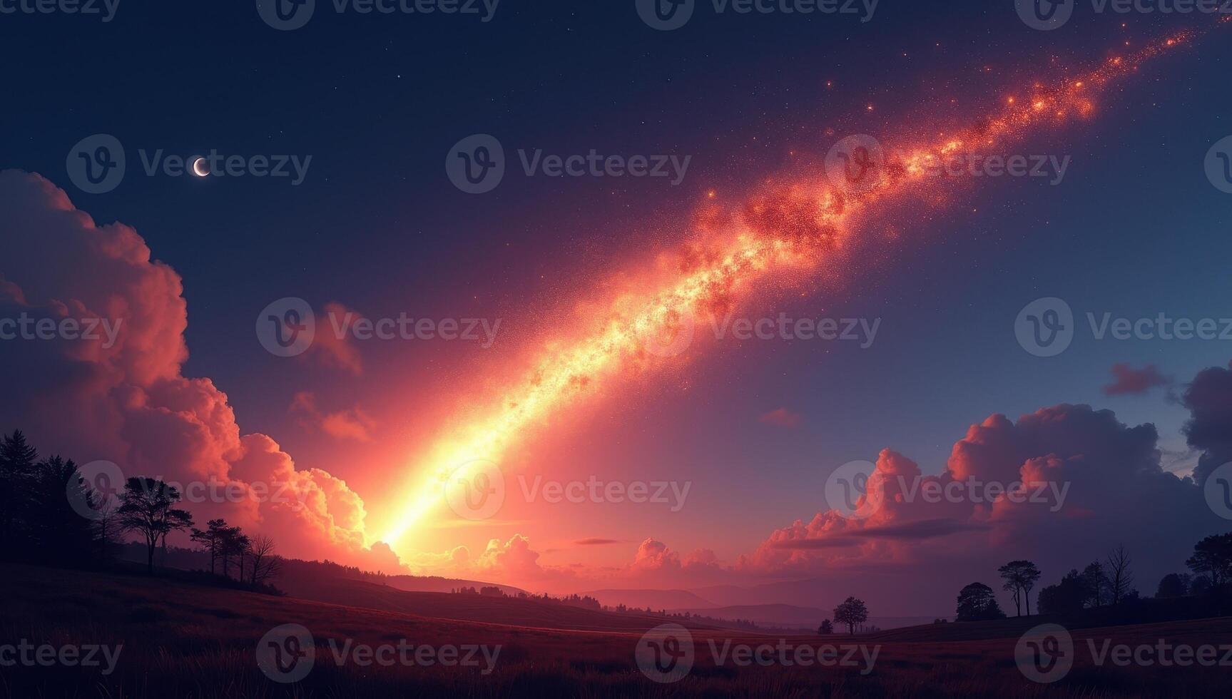 A comet is seen in the sky above a field photo