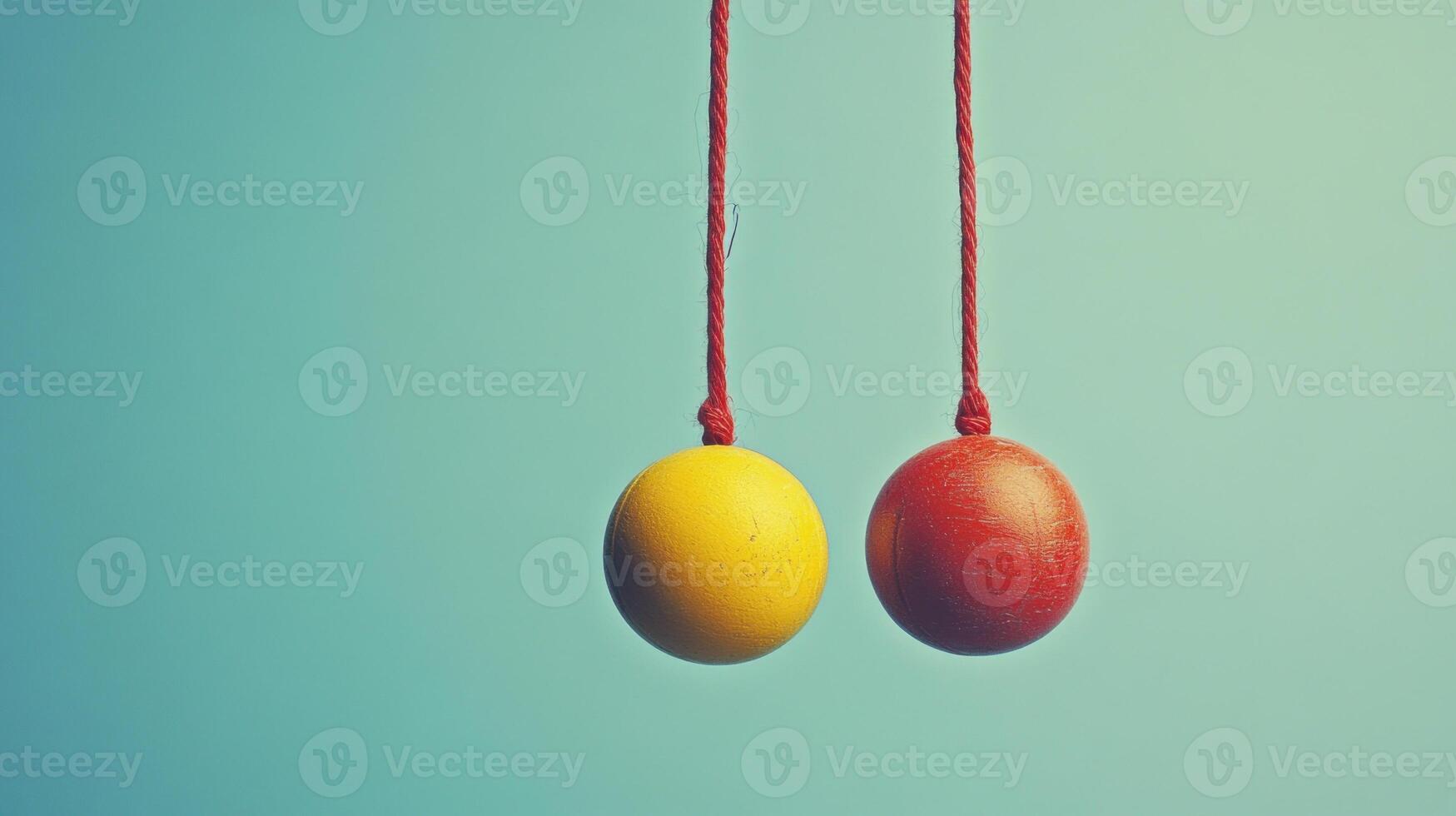 Two colored spheres hanging from strings photo