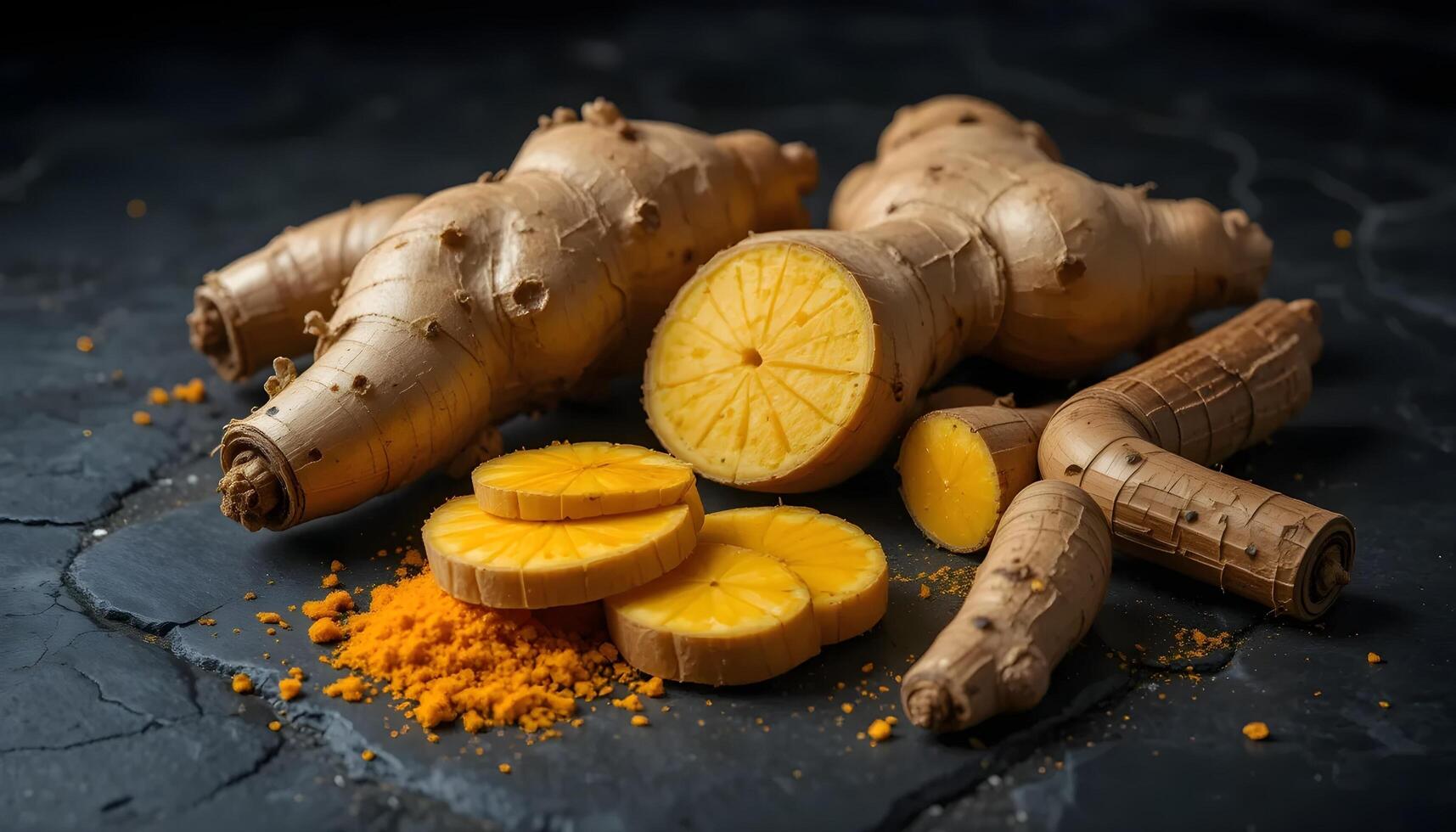 Preparing Ginger Root Whole and Sliced on Dark Surface photo