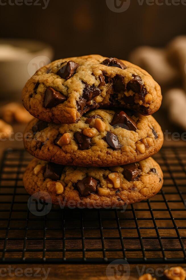 A delicious stack of three chocolate chip cookies, one with a bite taken, revealing a gooey center and nuts, on a cooling rack photo