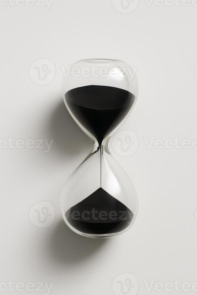 A clear glass hourglass containing dark black sand serves as a classic visual representation of time's continuous flow photo