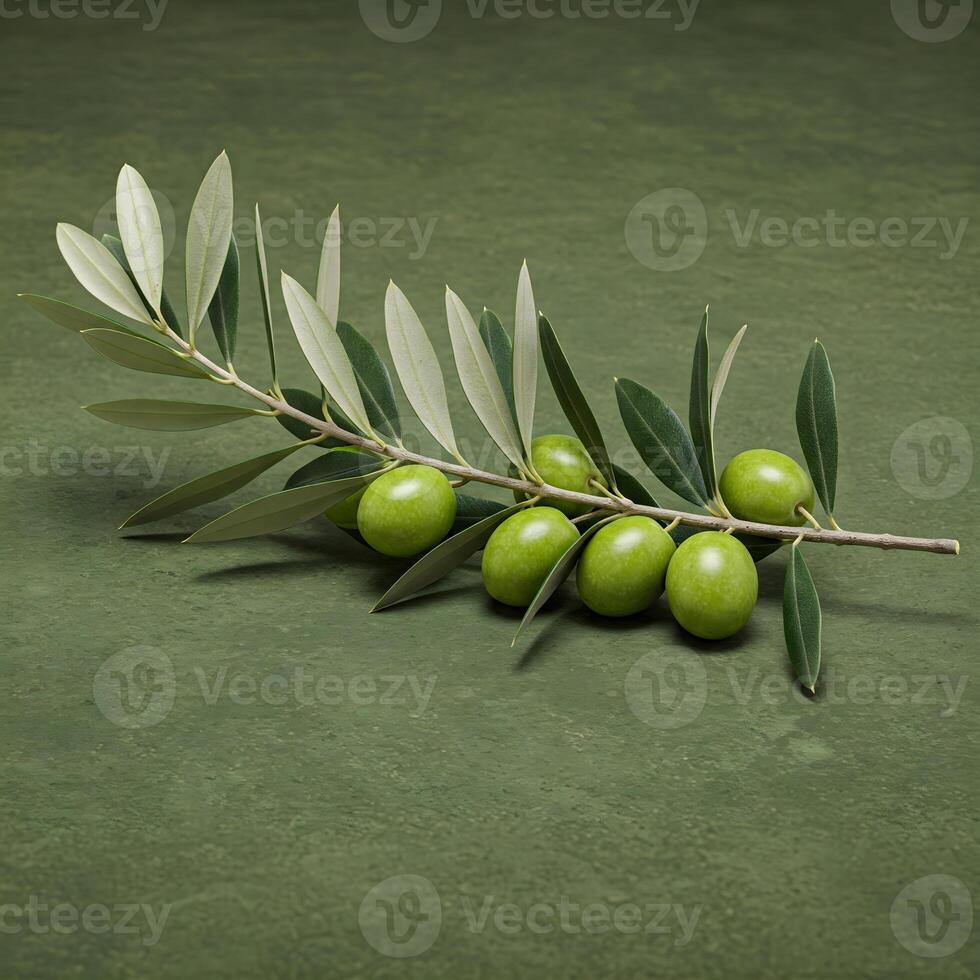 An olive branch with green olives and leaves is displayed against a textured green background, highlighting natural beauty photo