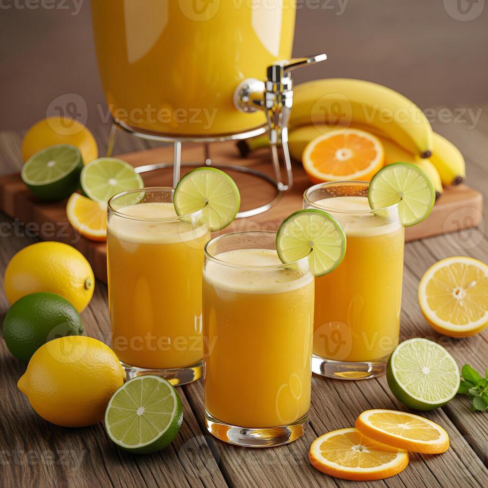 A refreshing display of three tall glasses filled with a vibrant orange beverage, garnished with lime slices, alongside various citrus fruits and bananas photo