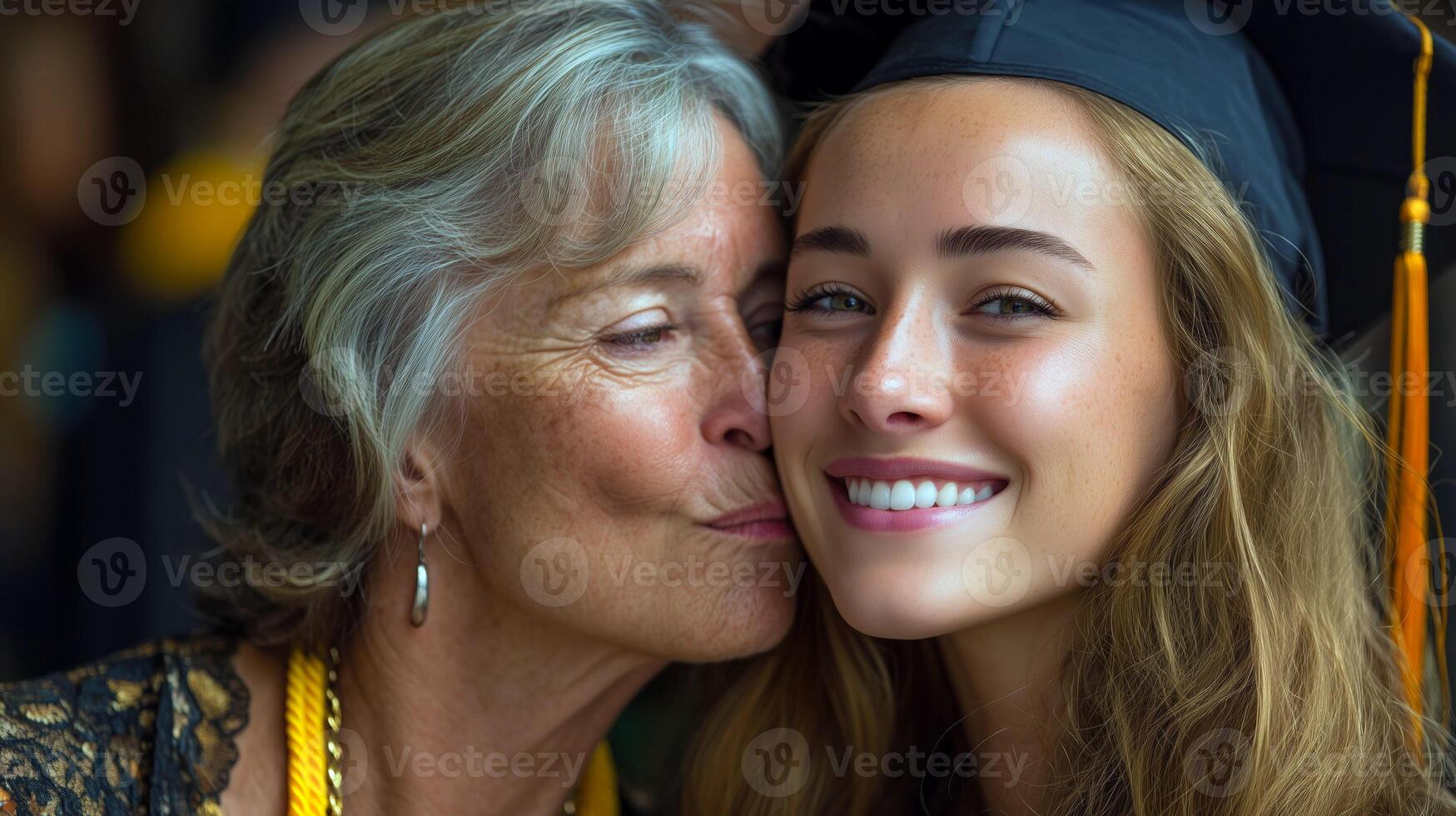 Elderly woman kissing graduate on a joyful graduation day. photo