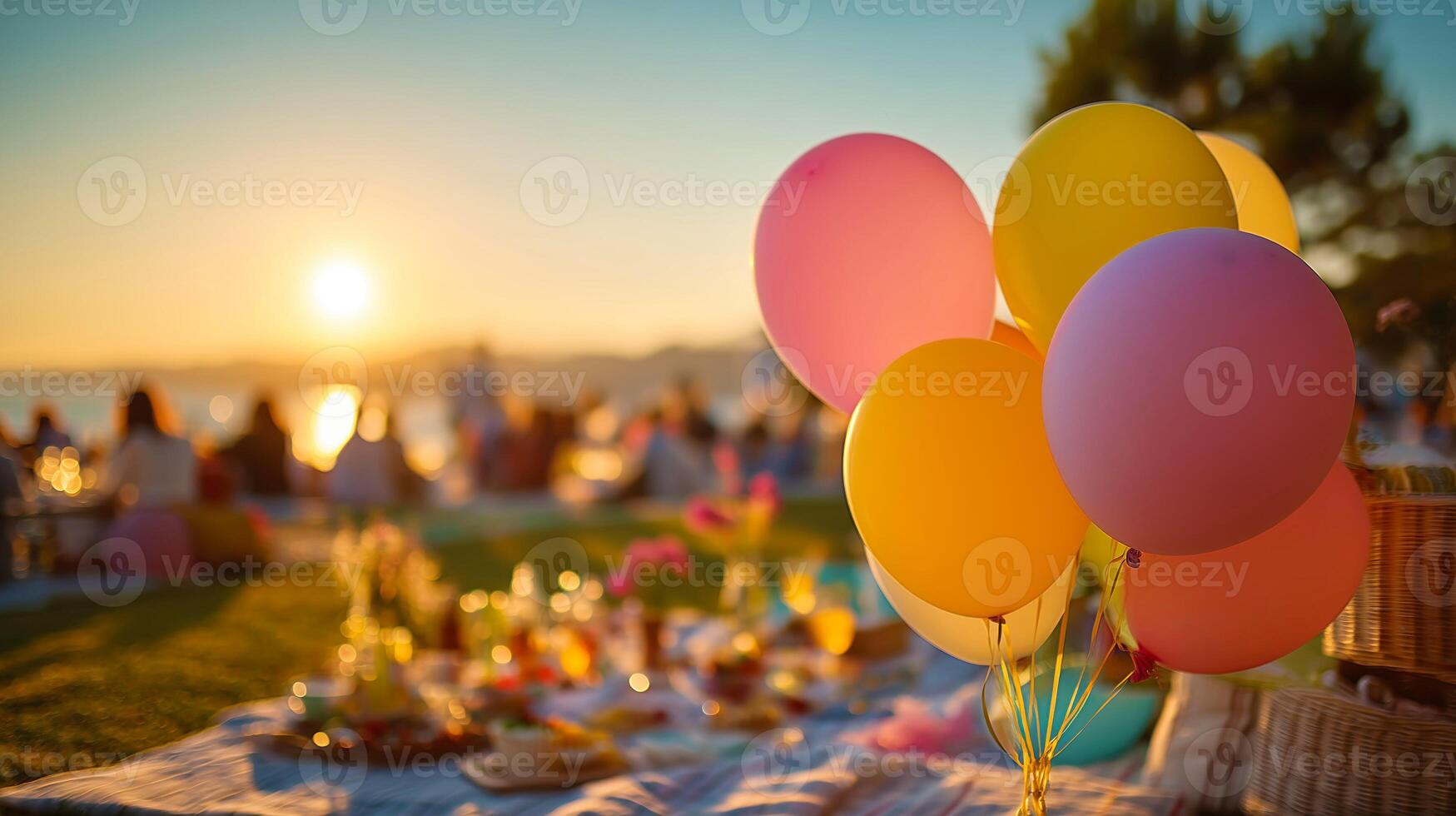 Colorful balloons at sunset picnic by the lake, creating a festive vibe. photo