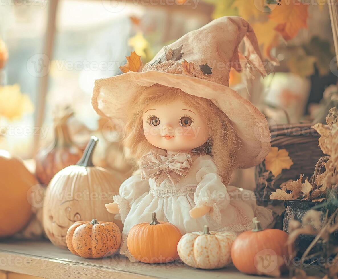 Doll with a witch hat is sitting on a table with pumpkins photo