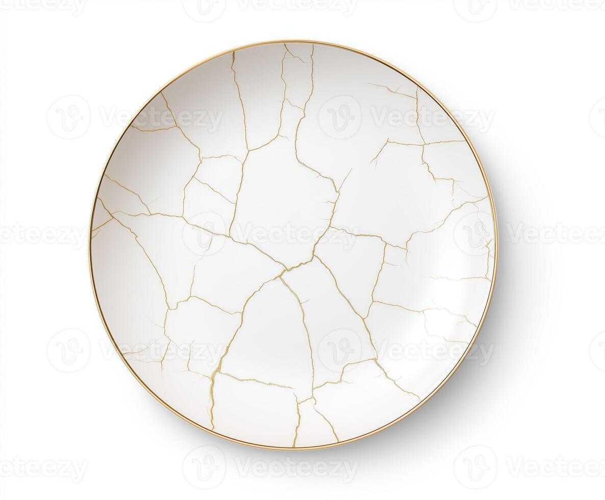Elegant ceramic plate with gold crackle pattern, top view. photo