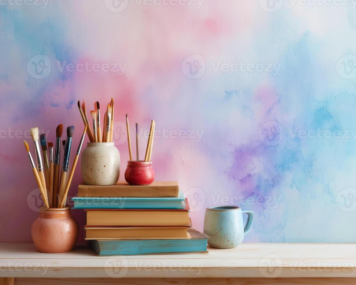 Artistic setup with brushes, books, and vibrant watercolor backdrop. photo