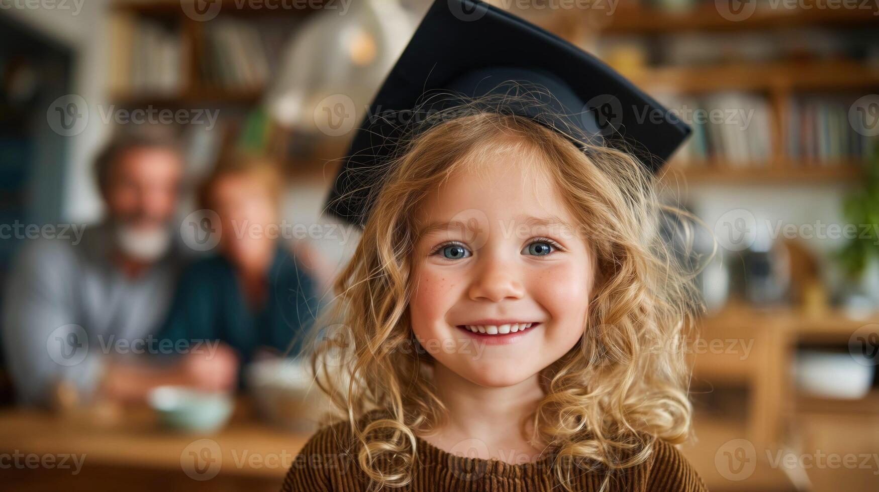 Smiling child wearing graduation cap, proud family in background photo