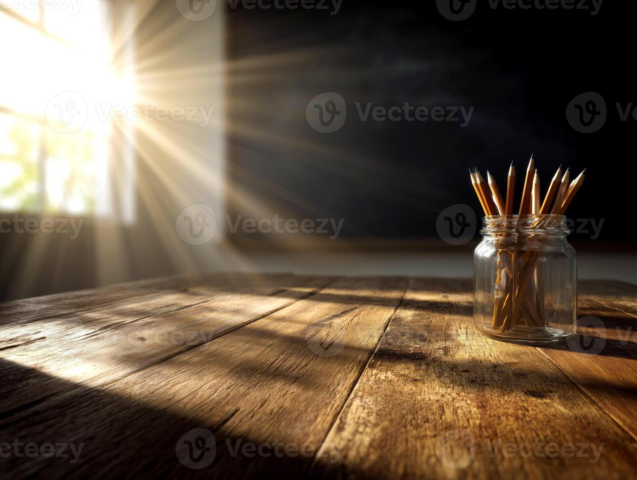 Sunlit rustic table with jar of pencils, warm and cozy ambiance. photo