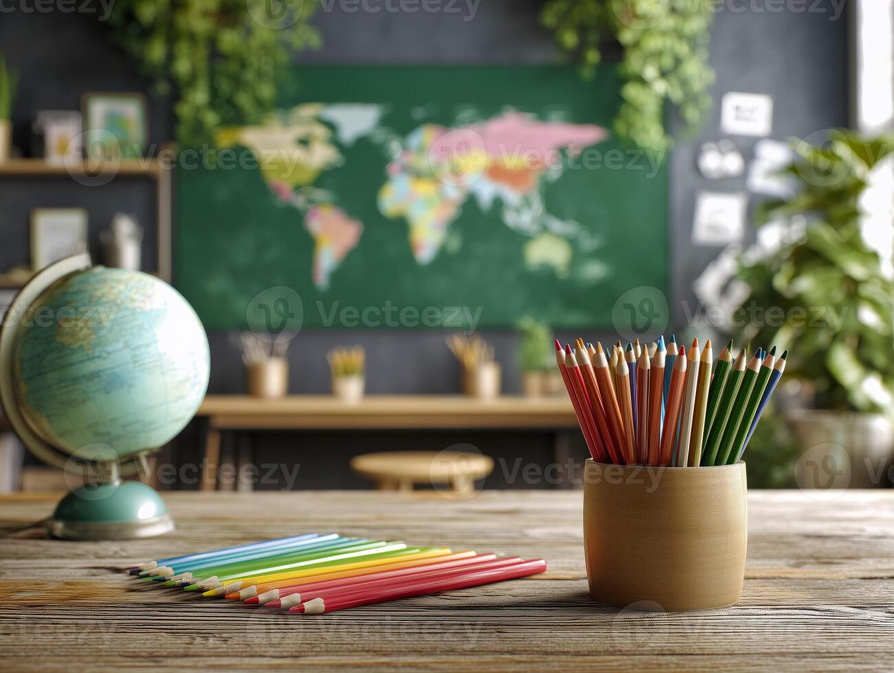 Classroom with globe, pencils, and map on desk, bright atmosphere. photo