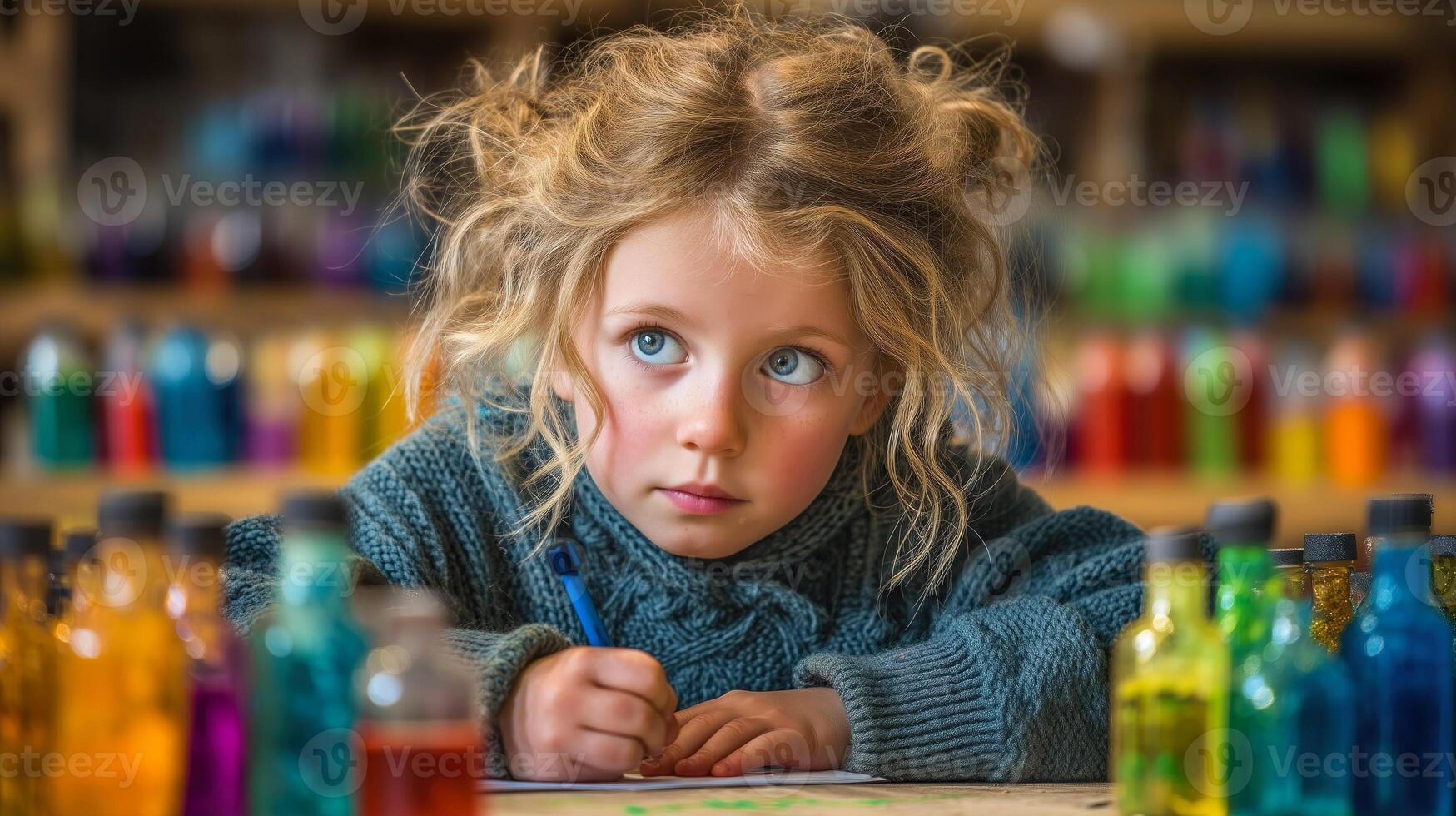 Child drawing surrounded by colorful bottles, focused on creativity. photo