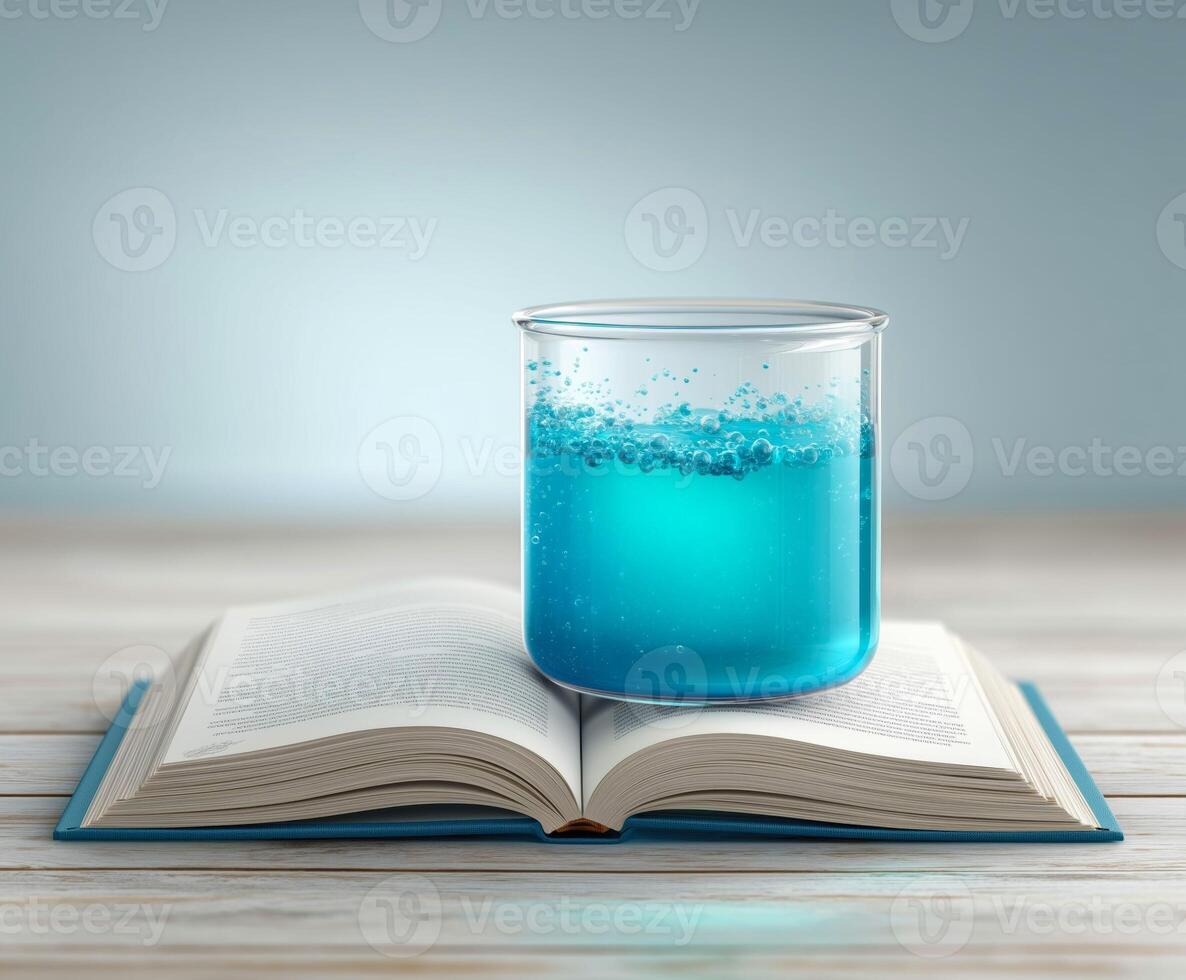 Beaker with blue liquid on open book, symbolizing science knowledge. photo