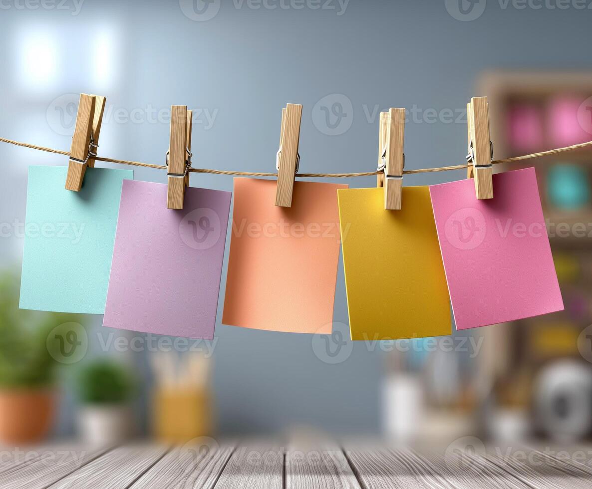 Colorful note cards hanging on a string in a creative workspace. photo