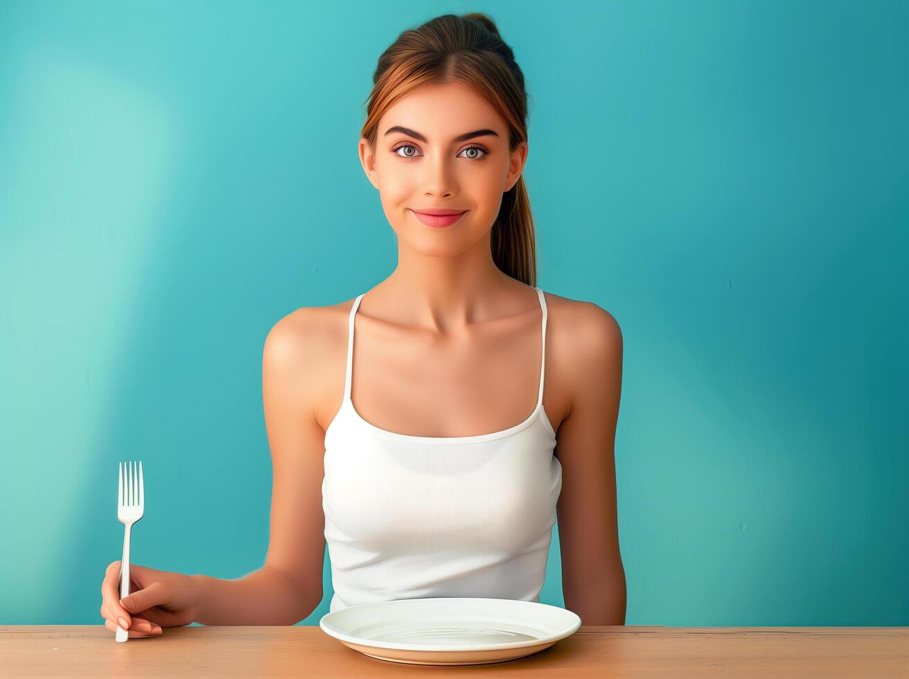 Woman sitting at a table with a fork and a plate of food photo