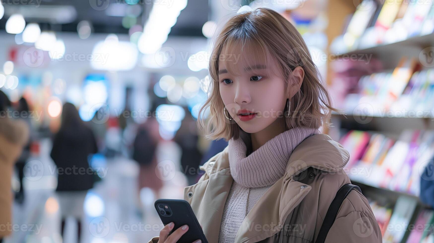 Woman looking at her cell phone in a store photo