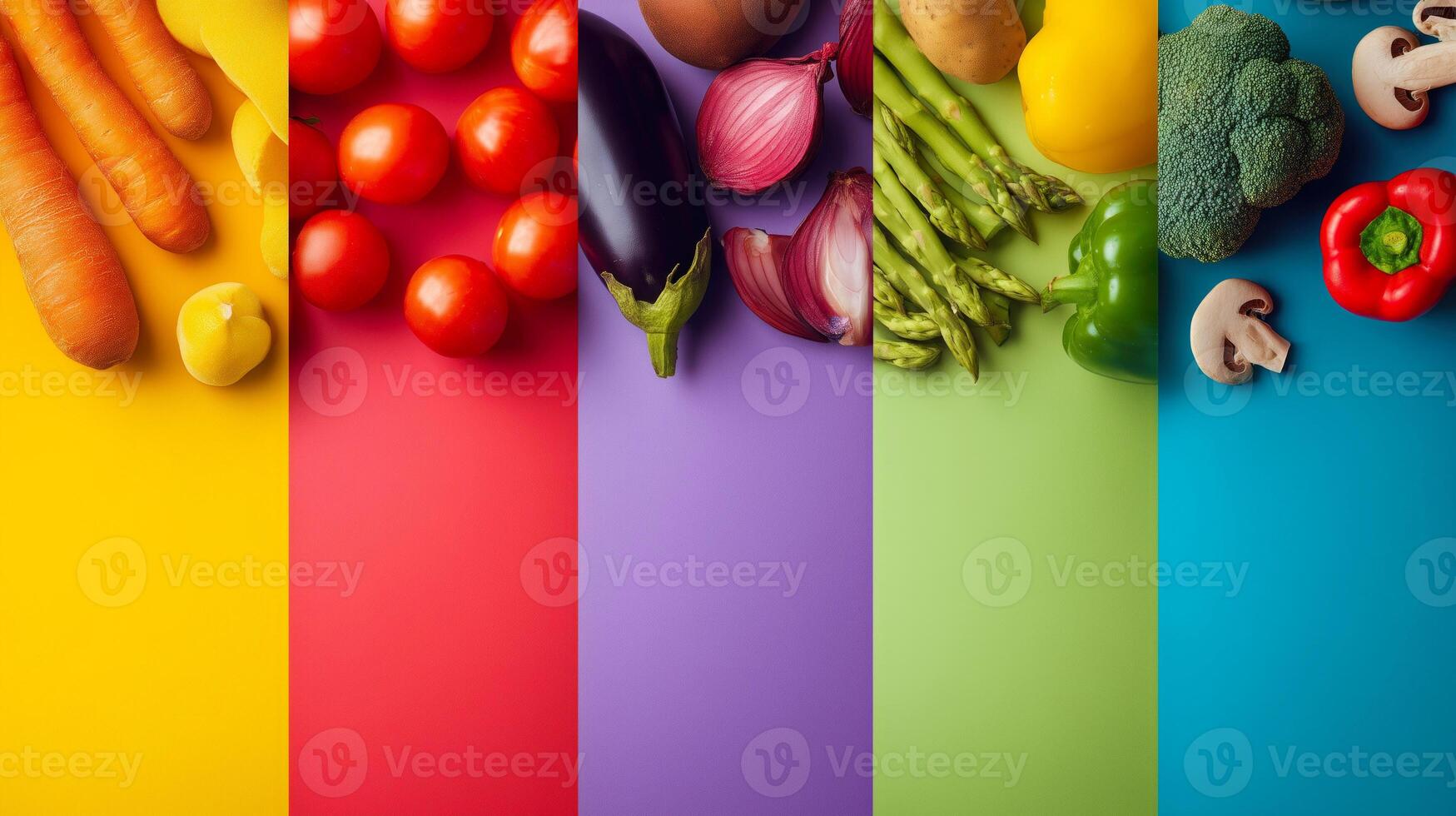 Colorful assortment of fresh vegetables on vibrant backgrounds. photo