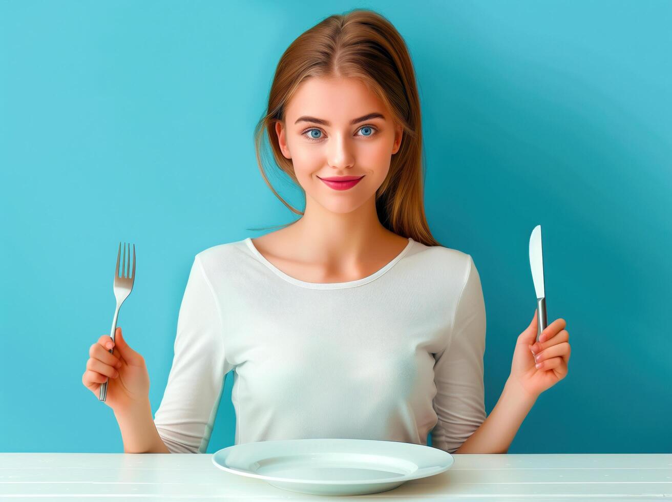 Woman is holding a fork and knife in front of a white plate photo