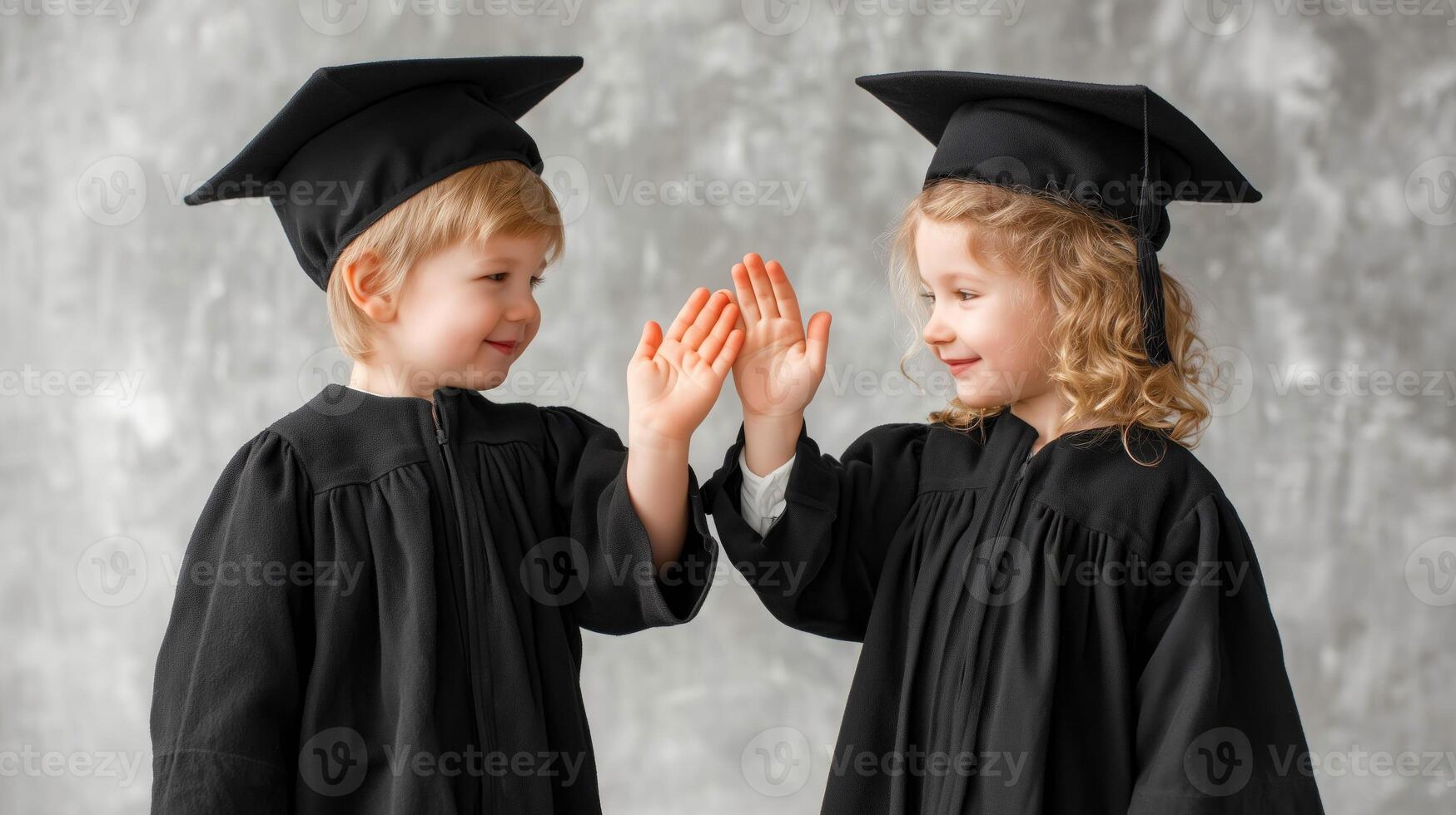 Two young children in graduation robes celebrating success. photo