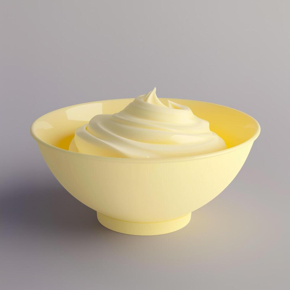 Yellow bowl with a white cream in it photo