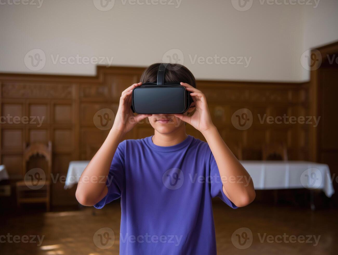 Child exploring virtual reality in a traditional-style room. photo
