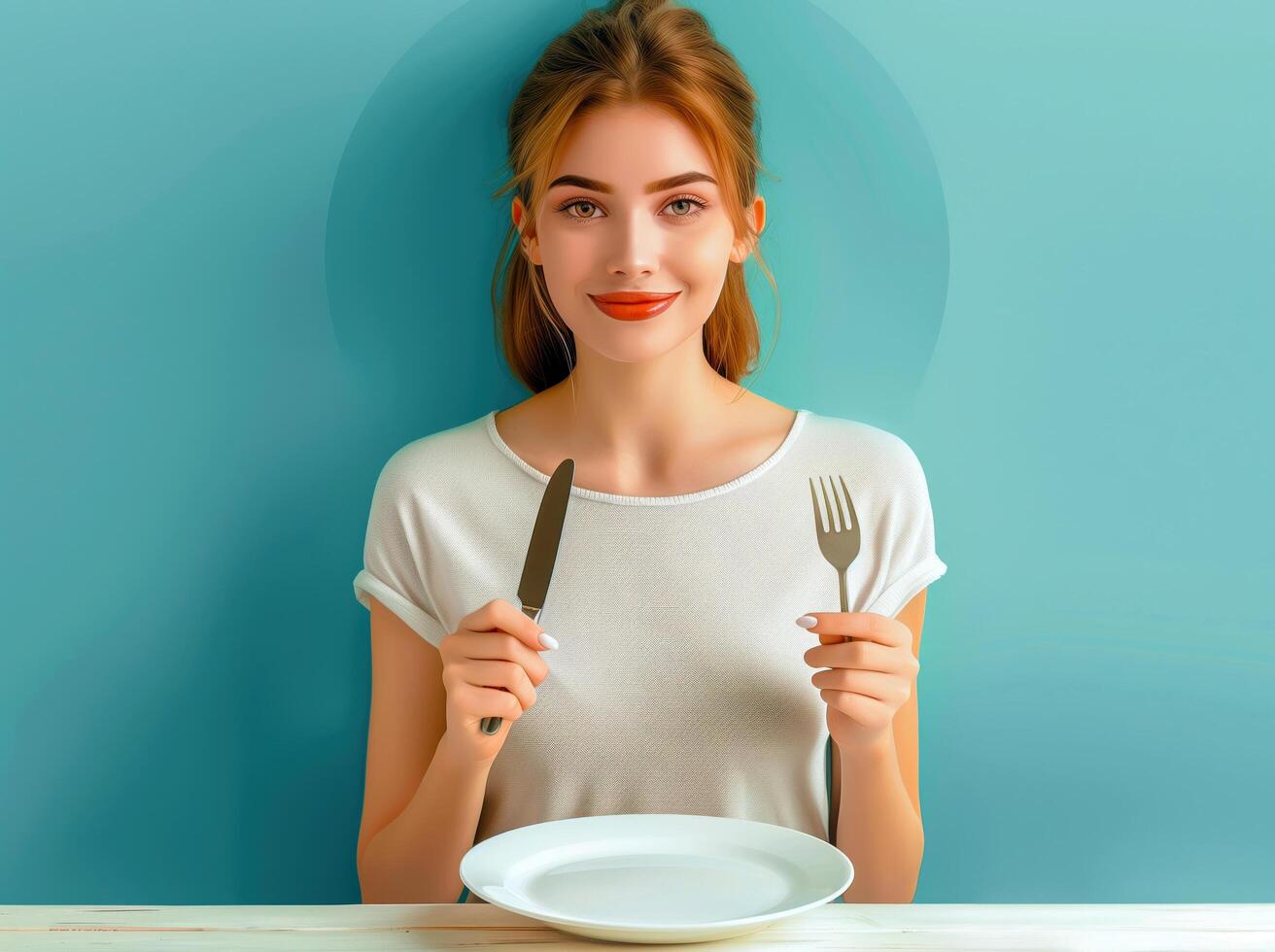 Woman is sitting at a table with a fork and knife in her hand photo