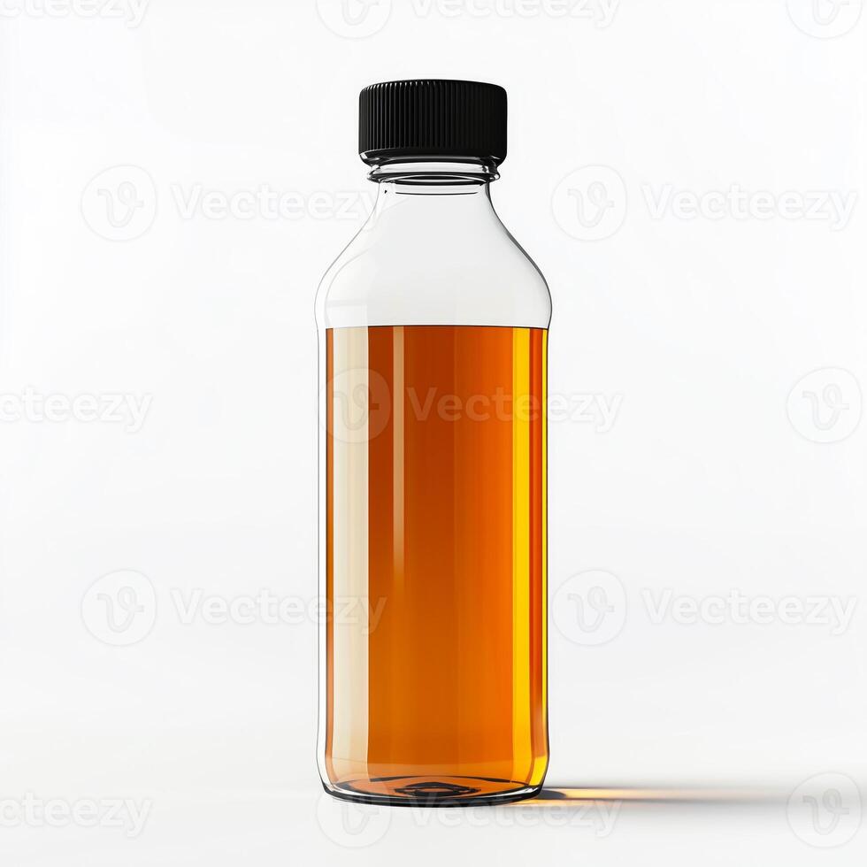 Bottle of liquid is sitting on a white background photo