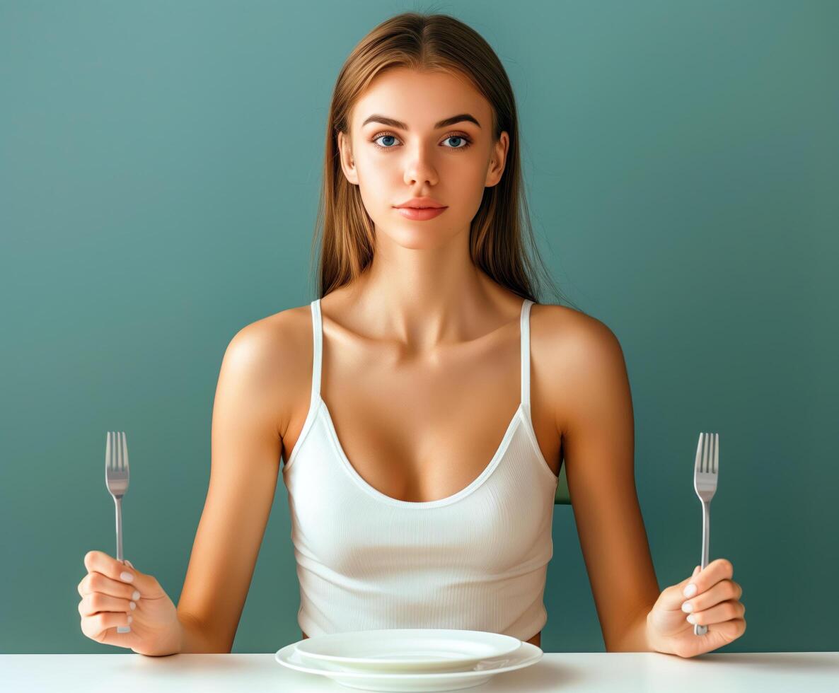 Woman sitting at a table with a forks in her hands photo