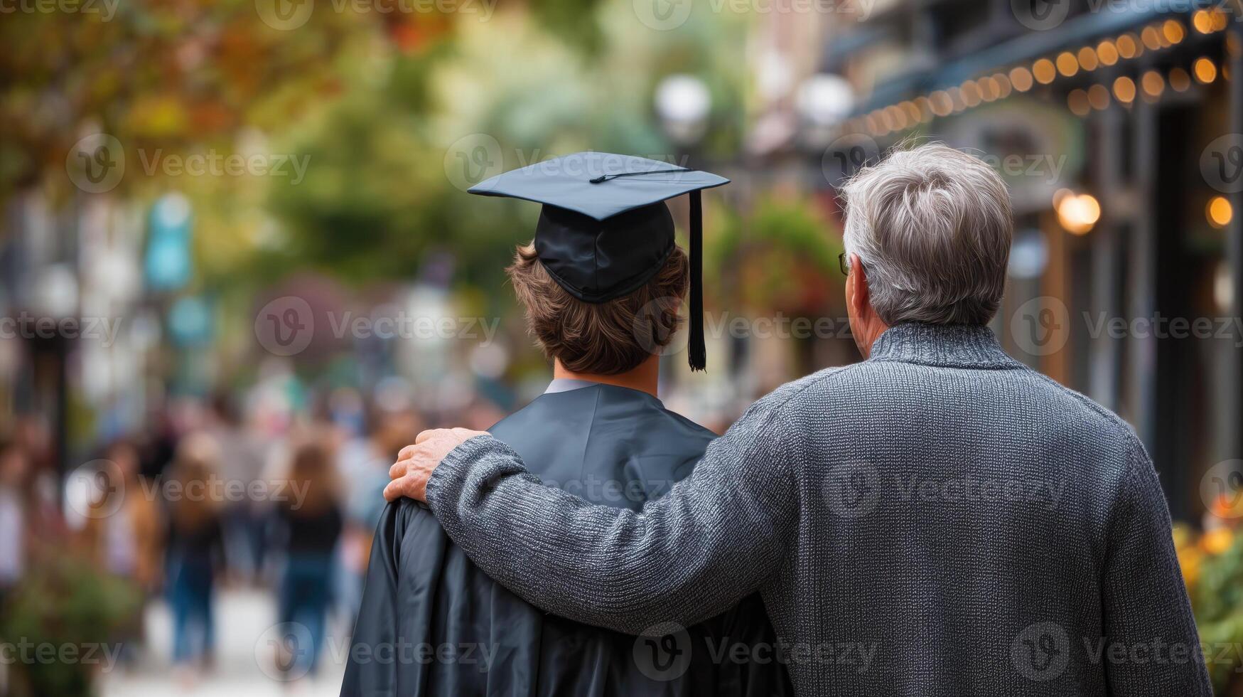 Graduation celebration with family support on a vibrant street. photo