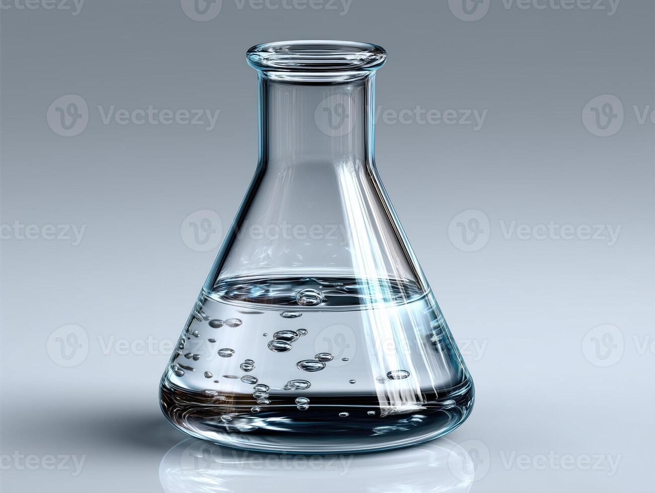 Glass flask with liquid and bubbles on gray background photo