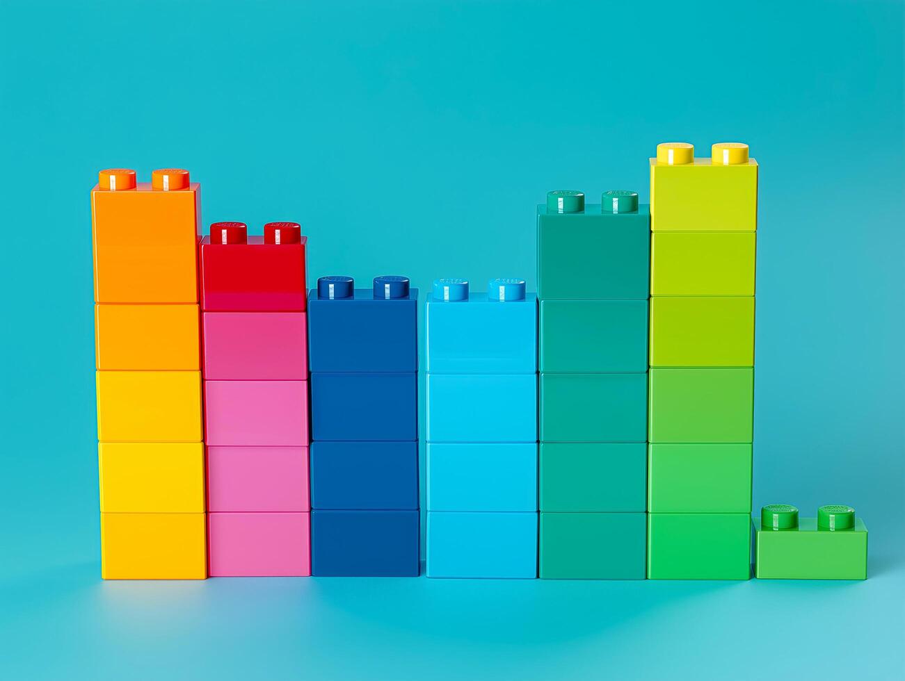 Stack of colorful blockwith the bottom row being red photo