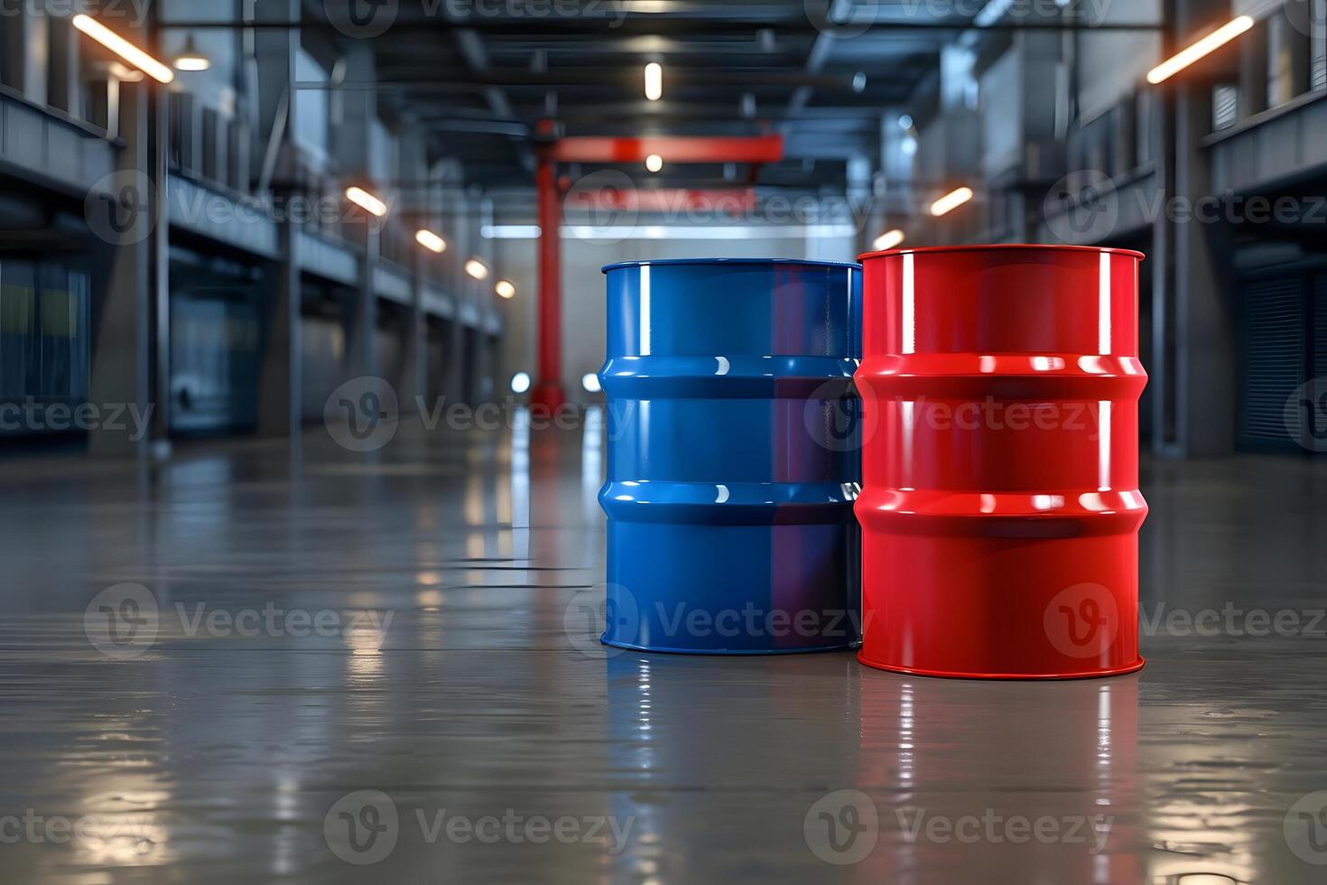 Industrial Storage Facility Two Colorful Barrels Rest in a Modern Warehouse, Reflecting Light on Polished Floor, High Ceilings and a Sleek Design, Showcasing Industrial Strength and Cleanliness. photo