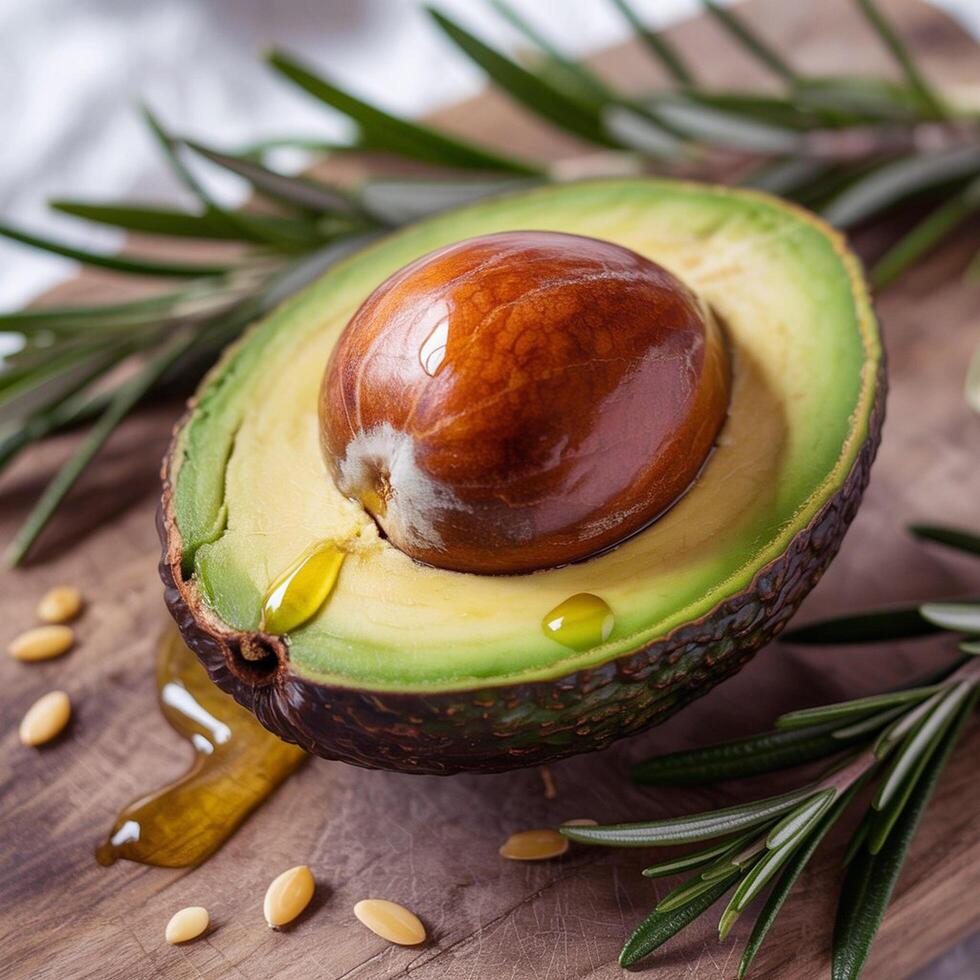 Close-up of a half-cut avocado with oil rosemary and seeds on a wooden photo