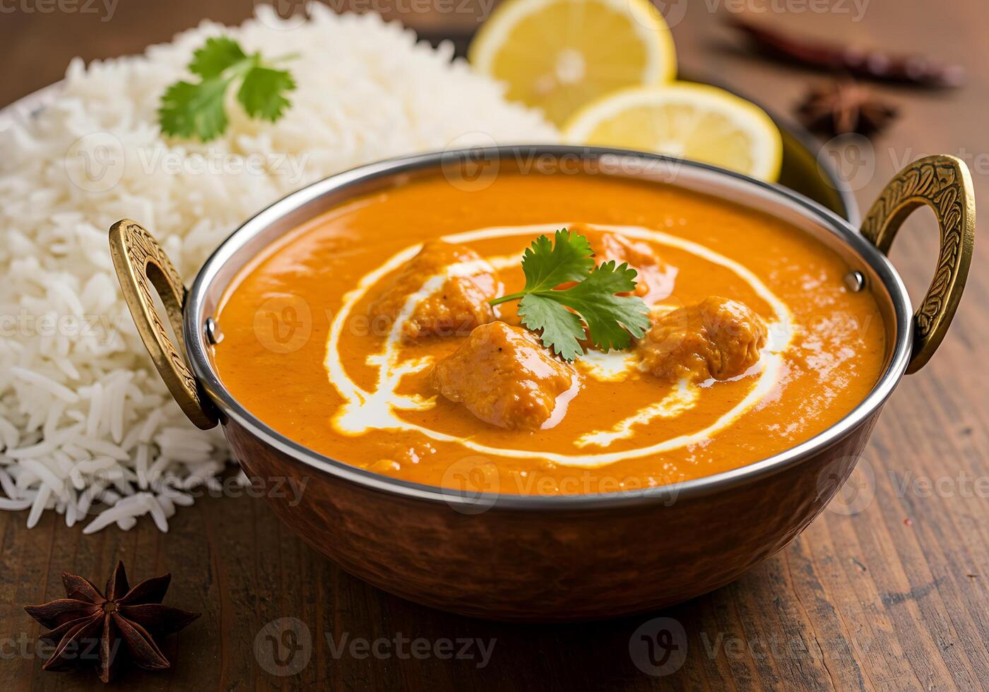 A bowl of curry with rice and lemon slices photo