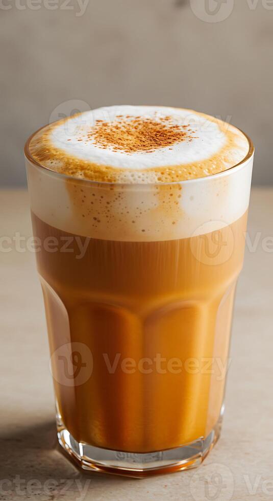 A coffee drink in a glass on a table photo