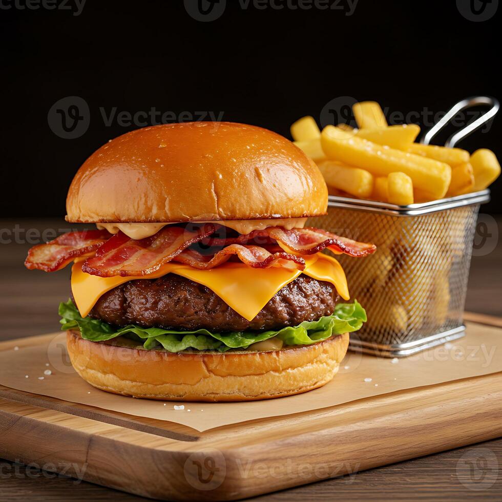 A hamburger with bacon, cheese and lettuce on a wooden cutting board photo
