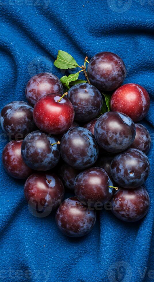 A bunch of plums on a blue cloth photo